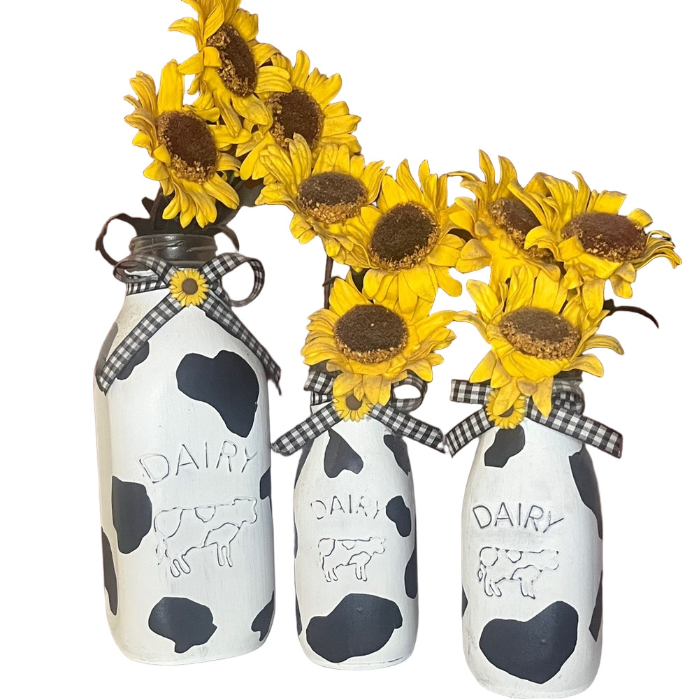 3 pc Hand crafted Cow Print Dairy Vase Set with Sunflowers